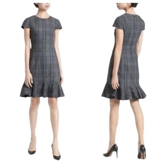 Banana Republic Grey Plaid Knee Length Ruffle Detail Women’s Size 4 Dress - Picture 2 of 12